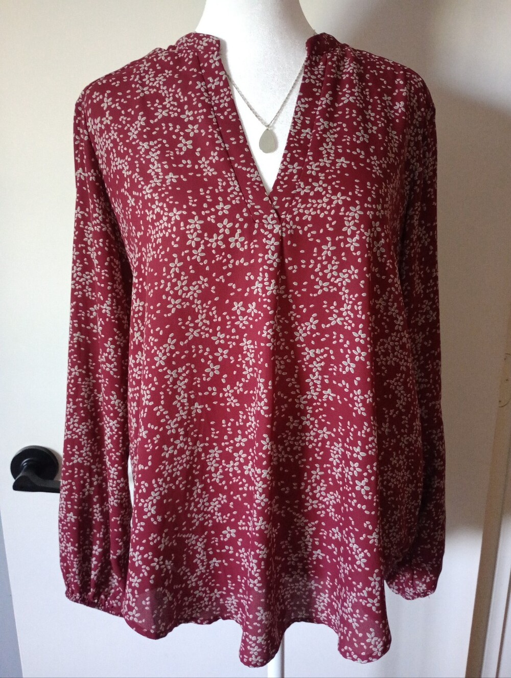 Lush Burgundy Floral Split-Neck Blouse Size Small/Med